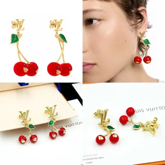 Louis Vuitton Gold Earrings with Red Cherries - Picture 8 of 9
